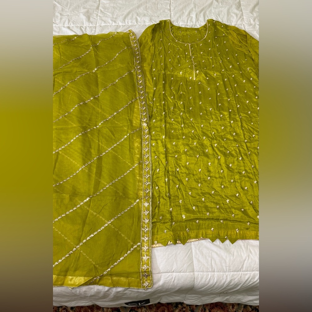 South Asian Olive Green Embroidered Kurta Set for Women